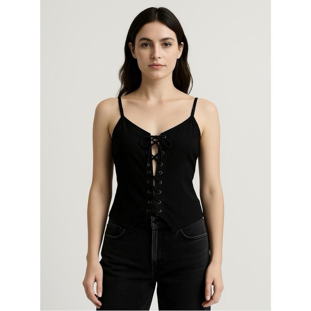 Vintage Black Lace Up Corset Camo Top Spaghetti Strap Sz L Y2K Goth Milk maid